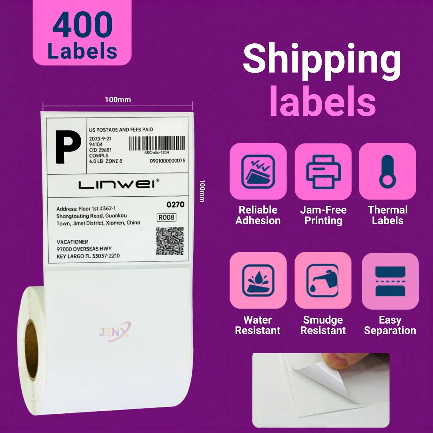 100mm x 100mm (4x4) Direct Thermal Label/Sticker(no Ribbon Required) Plain White 1 Inch core Inside (400 Labels) - Image 2