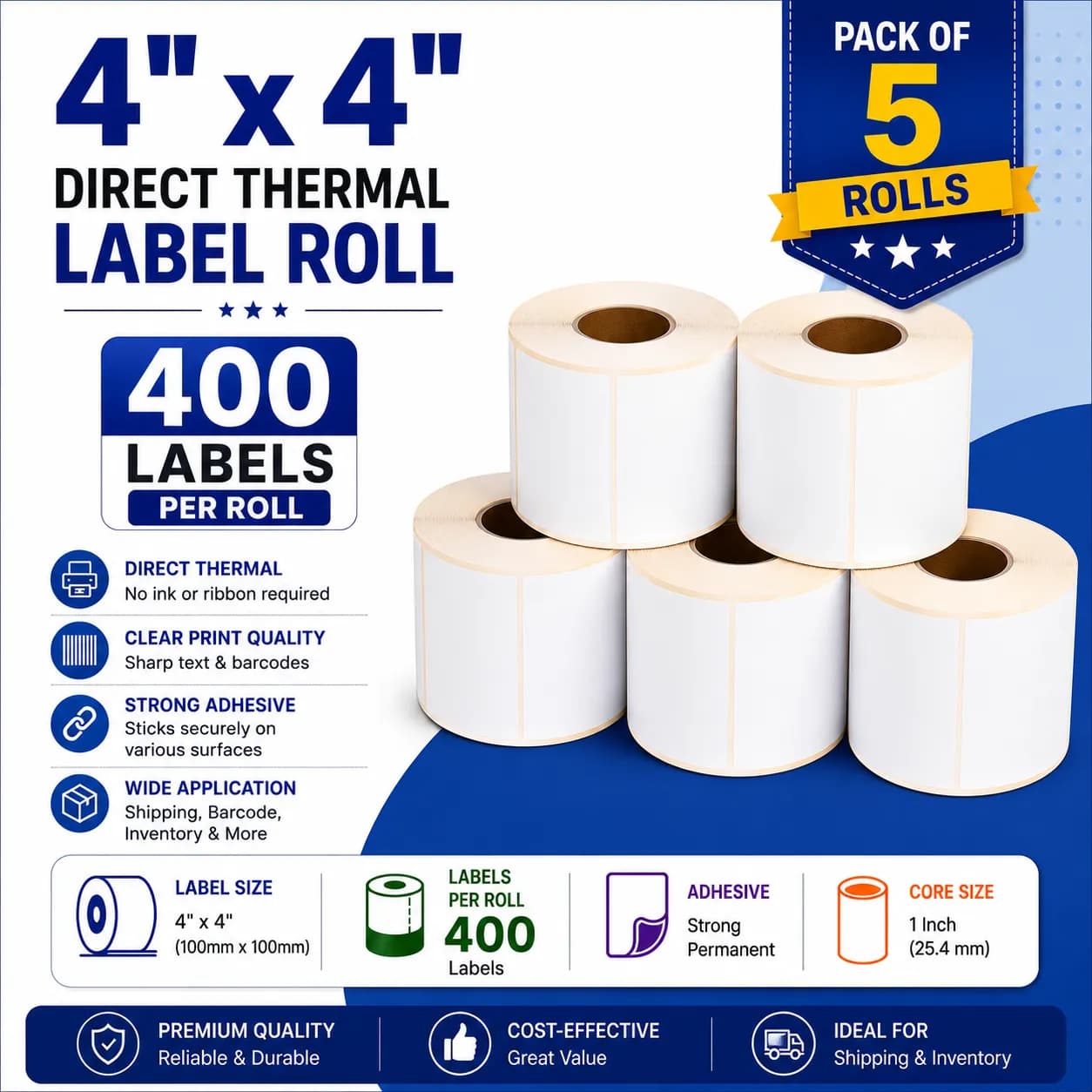 4x4 (100mm x 100mm) Pack of 5 Direct Thermal Label/Sticker(no Ribbon Required) Plain White 1 Inch core Inside (400 Labels)