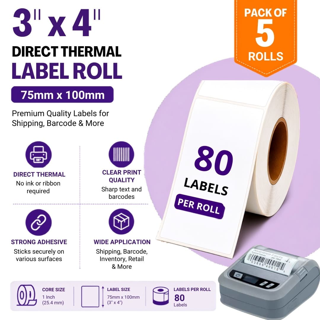 3x4 (75mm x 100mm)80 Labels- Pack of 5 Direct Thermal Label/Sticker(no Ribbon Required) Plain White0.5” Inch core Inside