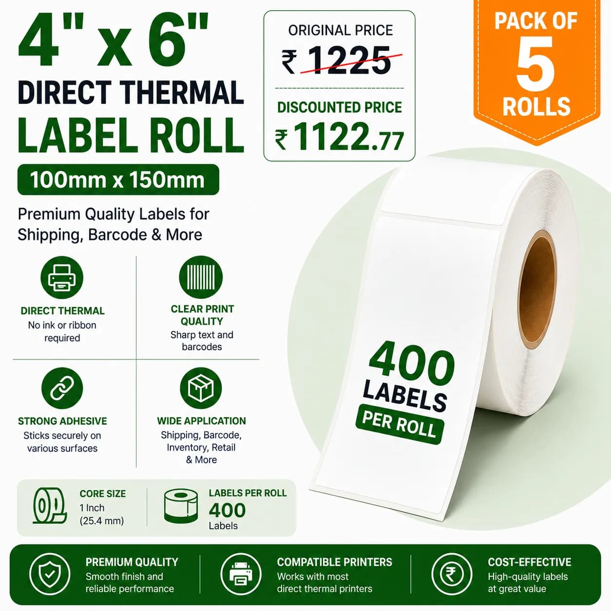 4x6 (100mm x 150mm) Pack of 5 Direct Thermal Label/Sticker(no Ribbon Required) Plain White 1 Inch core Inside 400