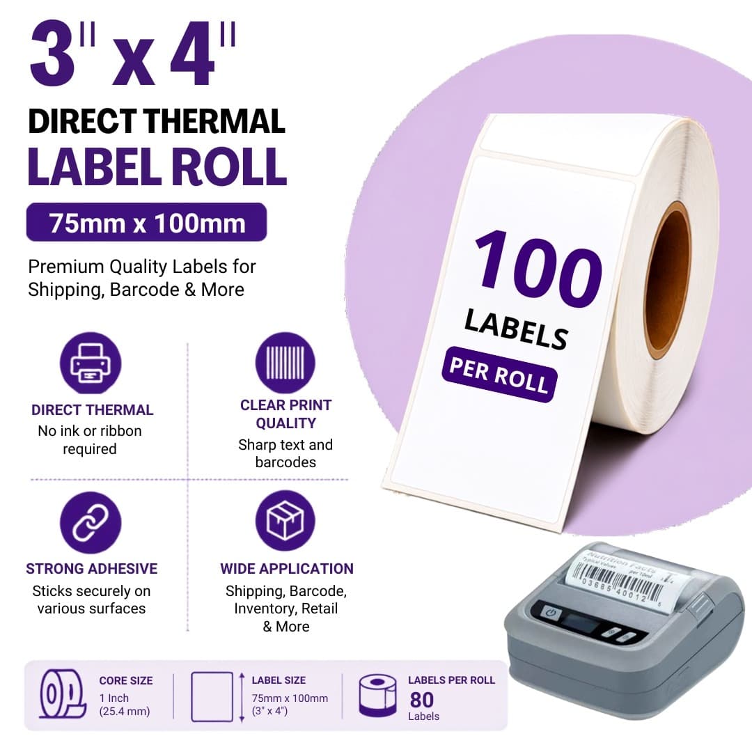 3x4 (75mm x 100mm) Direct Thermal Label/Sticker(no Ribbon Required) Plain White 0.5" Inch core Inside (100 labels)