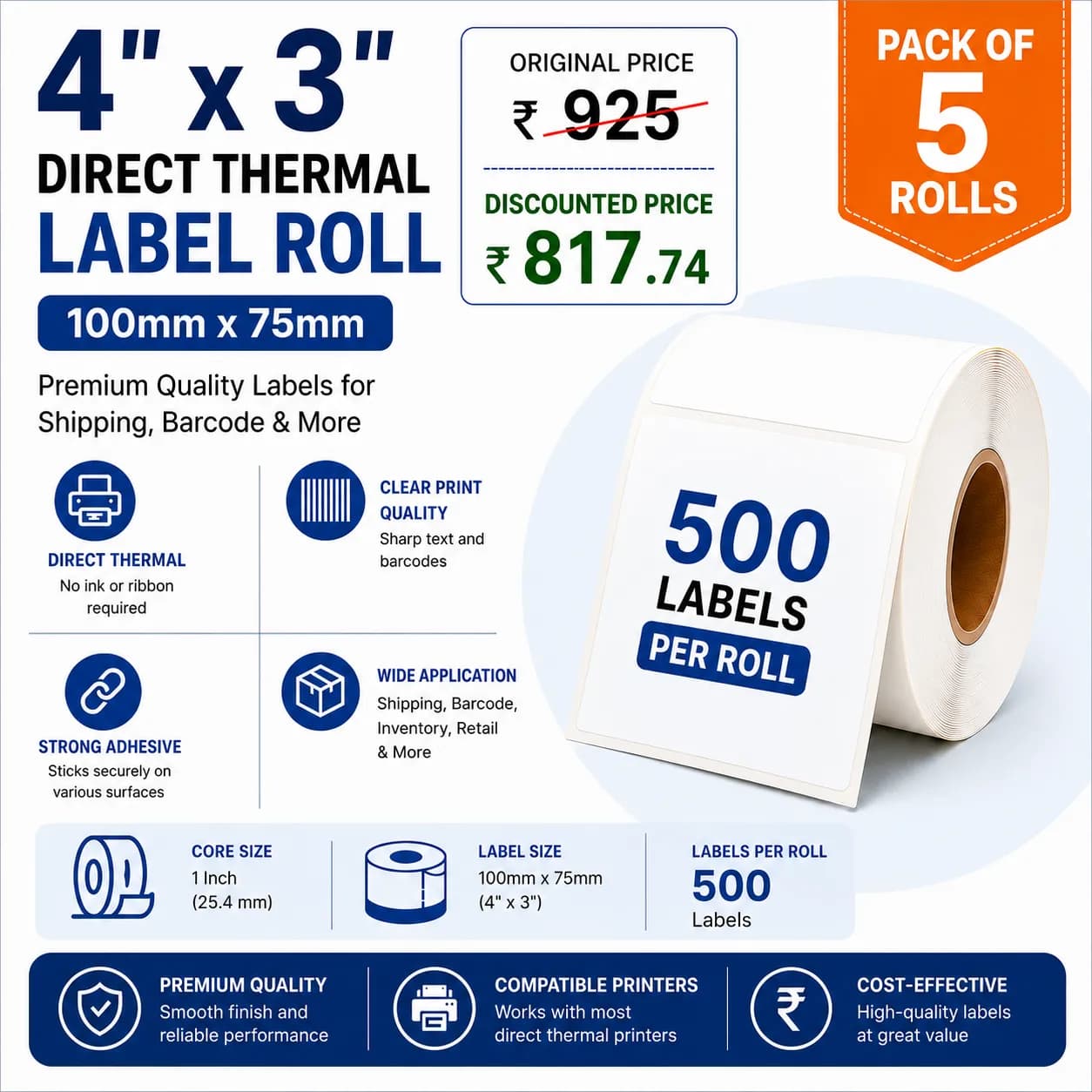 4x3 (100mm x 75mm) Pack of 5 Direct Thermal Label/Sticker(no Ribbon Required) Plain White 1 Inch core Inside
