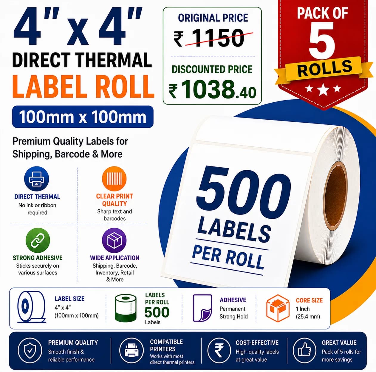 4x4 (100mm x 100mm) Pack of 5 Direct Thermal Label/Sticker(no Ribbon Required) Plain White 1 Inch core Inside (500 Labels)