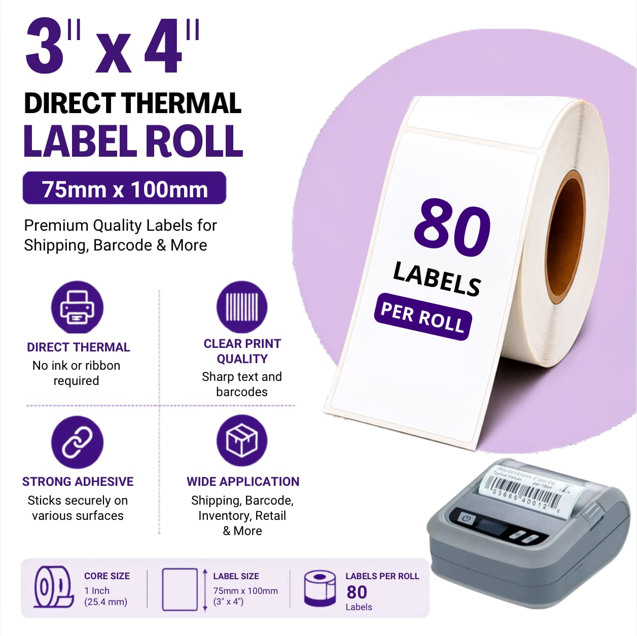 3x4 (75mm x 100mm) Direct Thermal Label/Sticker(no Ribbon Required) Plain White 0.5 Inch core Inside (80 labels)