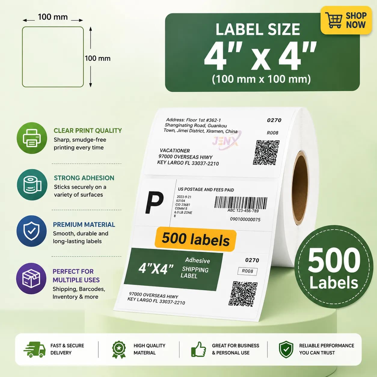 4x4 (100mm x 100mm) Direct Thermal Label/Sticker(no Ribbon Required) Plain White 1 Inch core Inside (500 Labels)