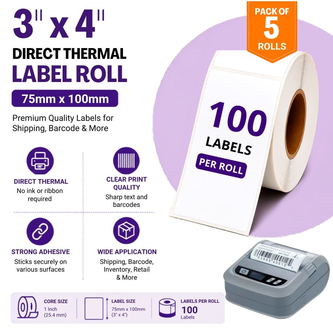 3x4 (75mm x 100mm) Pack of 5 Direct Thermal Label/Sticker(no Ribbon Required) Plain White0.5” Inch core Inside 100 Labels Per roll