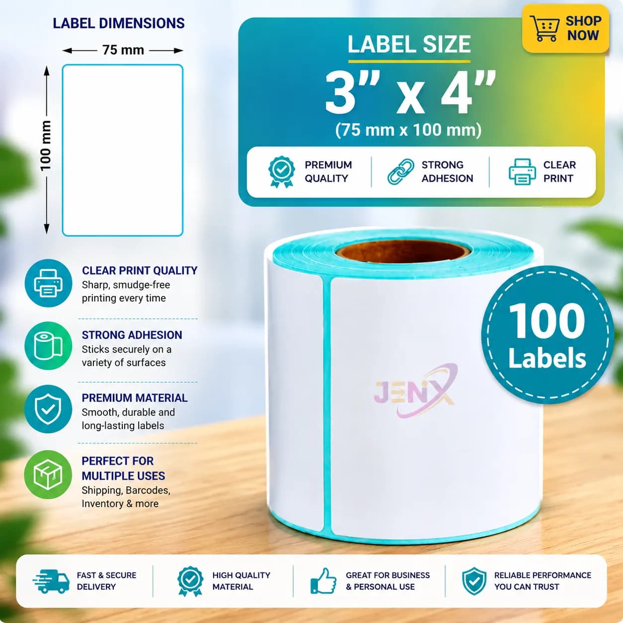 3x4 (75mm x 100mm) Direct Thermal Label/Sticker(no Ribbon Required) Plain White 1 Inch core Inside (100 labels)