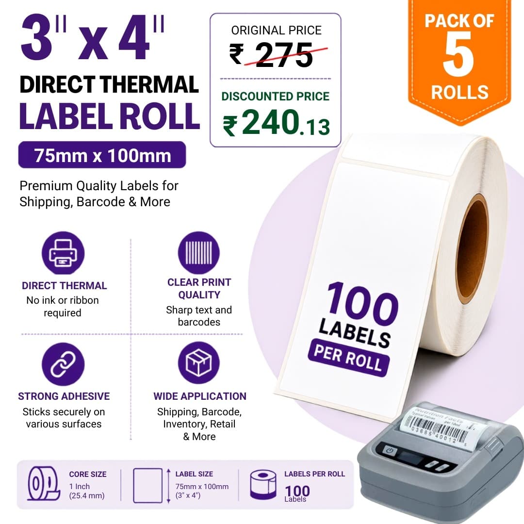 3x4 (75mm x 100mm) Pack of 5 Direct Thermal Label/Sticker(no Ribbon Required) Plain White0.5” Inch core Inside 100 Labels Per roll