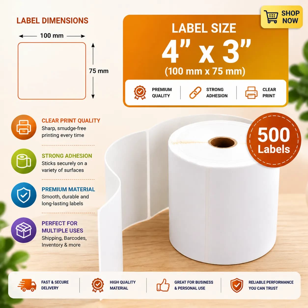 4x3 (100mm x 75mm) Direct Thermal Label/Sticker(no Ribbon Required) Plain White 1 Inch core Inside