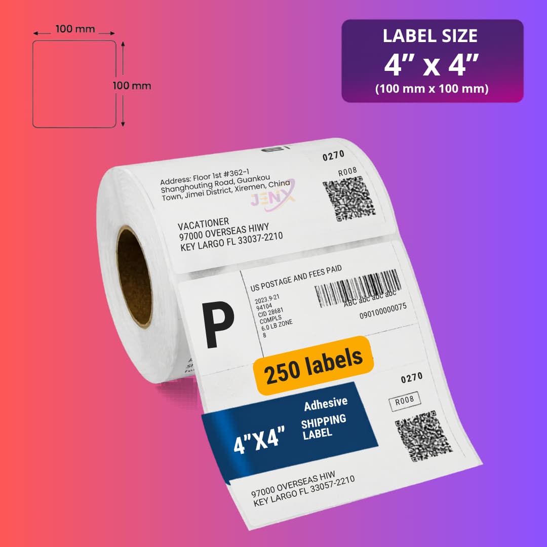 100mm x 100mm (4x4) Direct Thermal Label/Sticker(no Ribbon Required) Plain White 1 Inch core Inside (250 Labels) - Image 1