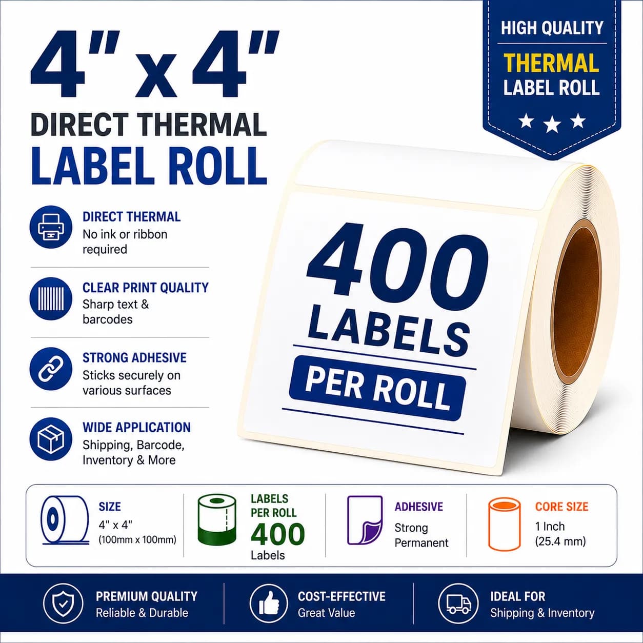 4x4 (100mm x 100mm) Direct Thermal Label/Sticker(no Ribbon Required) Plain White 1 Inch core Inside (400 Labels)