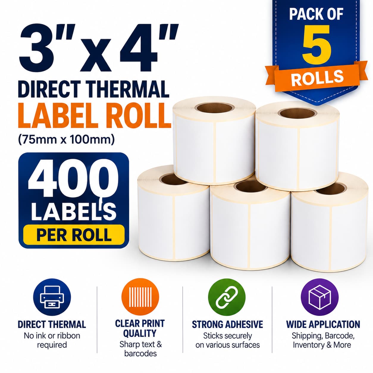 3×4 Pack of 5 Direct Thermal Label Roll (75mm × 100mm, 400 Labels per Roll) - Image 1