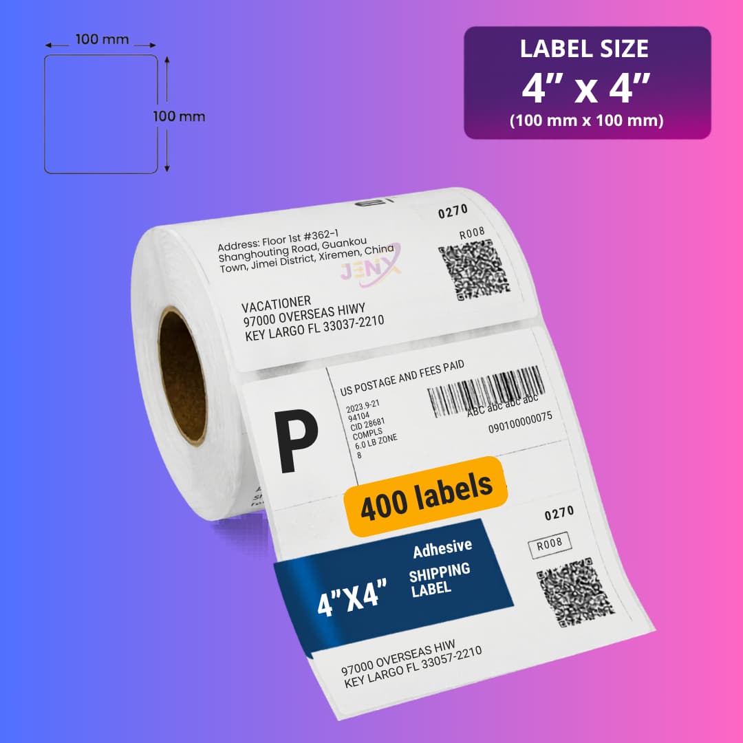 100mm x 100mm (4x4) Direct Thermal Label/Sticker(no Ribbon Required) Plain White 1 Inch core Inside (400 Labels) - Image 1